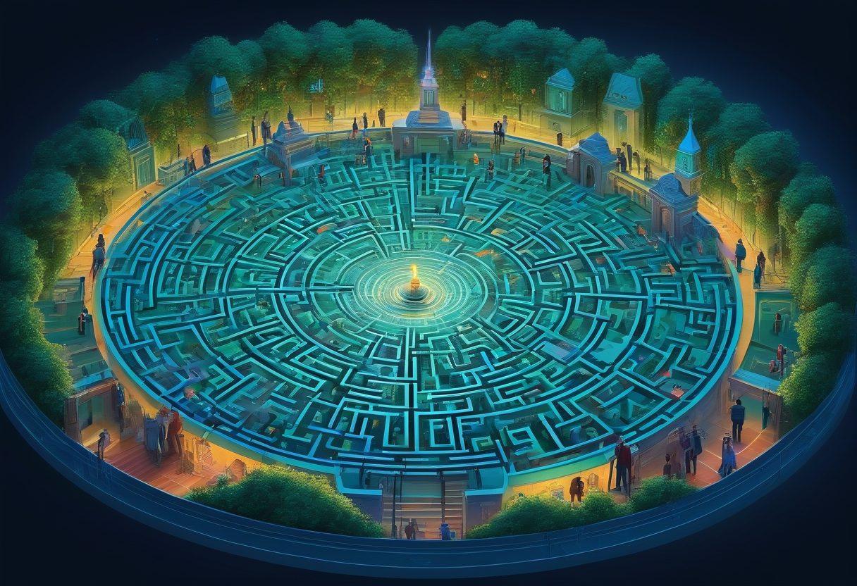 An intricate, colorful maze symbolizing the complexity of insurance navigation, with diverse people analyzing various policy documents. Include vibrant symbols of coverage options like a shield and a dollar sign scattered throughout the maze. A warm guiding light shines from above, symbolizing guidance and clarity. The background should be a gradient of blue and green tones to evoke a sense of trust and calmness. vector art. vibrant colors.