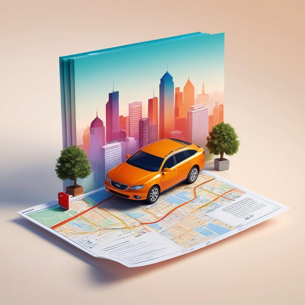 A seamless transition from individual life to business life, featuring an elegant gradient background that blends personal life icons like a family, home, and car with business elements such as a briefcase, office buildings, and charts. Include a friendly guide character holding a map, symbolizing navigation through the insurance landscape. Soft, welcoming colors to evoke trust and ease. super-realistic. vibrant colors. white background.